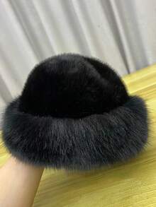 1pc Plush Mongolian Hat, Thick & Warm, Faux Fur, Fashionable & Minimalist Bucket Hat For Autumn/Winter - Multicolor - View 4