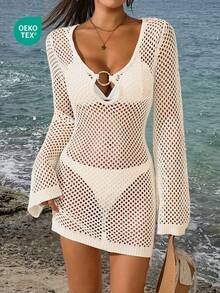 Women's Solid Color Sexy Hollow Out Transparent Metal Ringed Design Long Sleeve Beach Cover Up Crop Top Mini Dress, Spring/Summer Vacation - Milky White - View 4