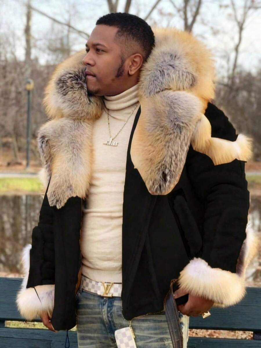 Mens Shearling Leather Coat Thicken Warm Long Sleeve Faux Fur Collar Sherpa Coats Big And Tall Parka Jackets - màu đen - Xem 1