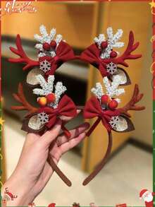 1 tiara feminina de Natal com chifres de veado em 3D, tiara com laço, estilo doce e delicado, acessório de cabelo feminino, decoração de fantasia natalina, ideal para festas de fim de ano, presente de Natal, acessório feminino de inverno. - Multicolorido - Ver 2