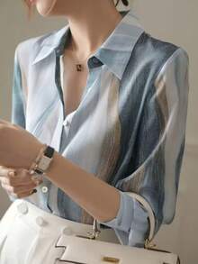 Versatile Loose Printed Shirt For Women, Elegant Blouse With Front Button Closure, Suitable For Office, Vacation, Spring/Summer/Autumn - 淺藍色 - 查看 2