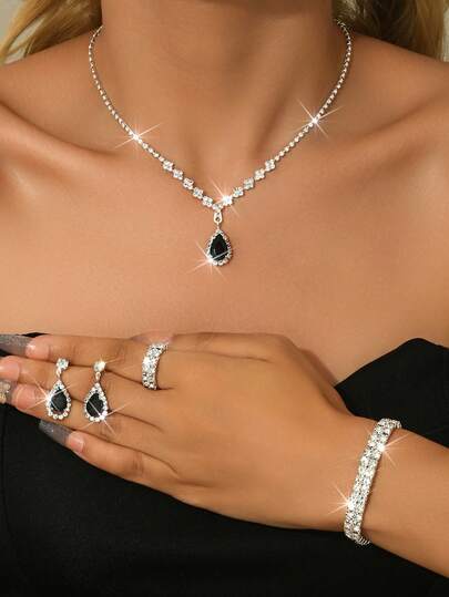 5件套奢华经典水滴吊坠首饰套装，包括耳环、项链、手链、戒指，适合婚礼、派对、节日礼物，女士时尚配饰