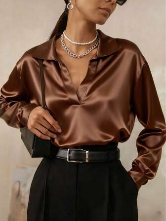 Elegant And Stylish Solid-Color Long-Sleeve Satin Shirts For Ladies In Autumn And Winter Women's Satin Shirt,Business Commute Stylish Collared Top, Elegant Office & Lounge Top For Fall Winter Spring