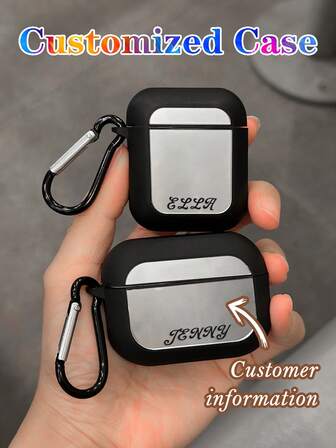 1 pieza Funda protectora personalizable para auriculares con texto personalizado, nombre en inglés, diseño de lema o epitafio, carcasa suave minimalista de TPU negro, gancho colgante de espejo, mosquetón electrochapado negro, compatible con 2/3/4/Pro