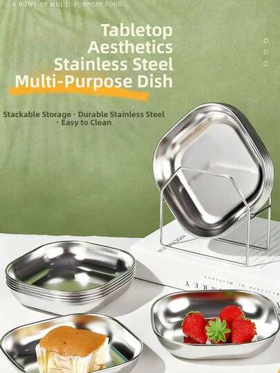 Stainless Steel Rectangular Serving Platter - Polished Metal Food Theme, Solid Pattern, Flat Bottom Deep Dish For Snacks, Bone Disposal, Steaming, Rice, Freezing, Buffet, Cooking - Durable Kitchen Basin