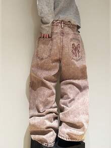 1 chiếc quần jeans ống rộng thêu họa tiết phong cách đường phố Mỹ dành cho nam, rộng rãi và thoải mái, quần denim phù hợp mọi mùa (Không bao gồm thắt lưng và phụ kiện) - Đỏ - Xem 2