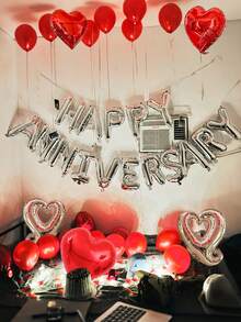 51pcs/Set Silver Anniversary Curly Heart Balloon Set, Happy Anniversary Banner & Heart Balloons, Suitable For Romantic Theme, Valentine's Day Party Decor, Birthday, Wedding, Proposal, Anniversary, Valentine's Day Props, Indoor Party Decorations - Multicolor - View 6