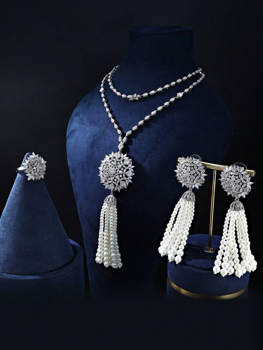 3pcs Platinum Plated Cubic Zirconia Tassel Pearl Sweater Chain Set: Necklace, Earrings, Ring, Luxury Sparkling Jewelry Set For Women, Suitable For Banquet - Platinum Tassel Pearl Long Necklace 3-piece Set - View 1