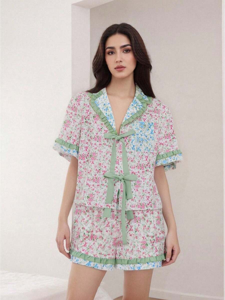 Women Floral Pajama Set, Short Sleeve Tie-Up Shirt With Shorts Daily Sleepwear Loungewear - 彩色 - 查看 1