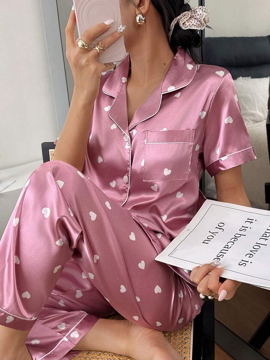 心形印花短袖裤女士睡衣家居服 - 藕粉色 - 查看 1