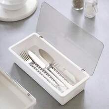 AWYYWhite Flatware Tray Kitchen Drawer Organizer With Lid And Drainer - Plastic Kitchen Cutlery Tray And Utensil Storage Container With Cover - 11.0 Inch Silverware Holder Drawer Organizer - 白色 - 查看 3