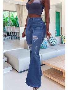TodTan Women Ripped Flared Jeans High Waisted Bell Bottom Jeans Destroyed Denim Pants - 藍d - 查看 3