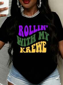 Women Mardi Gras Rollin With My Krewe Print Round Neck T Shirt Fashion Cotton Casual Round Neck Top For Party Celebration Events - màu đen - Xem 1
