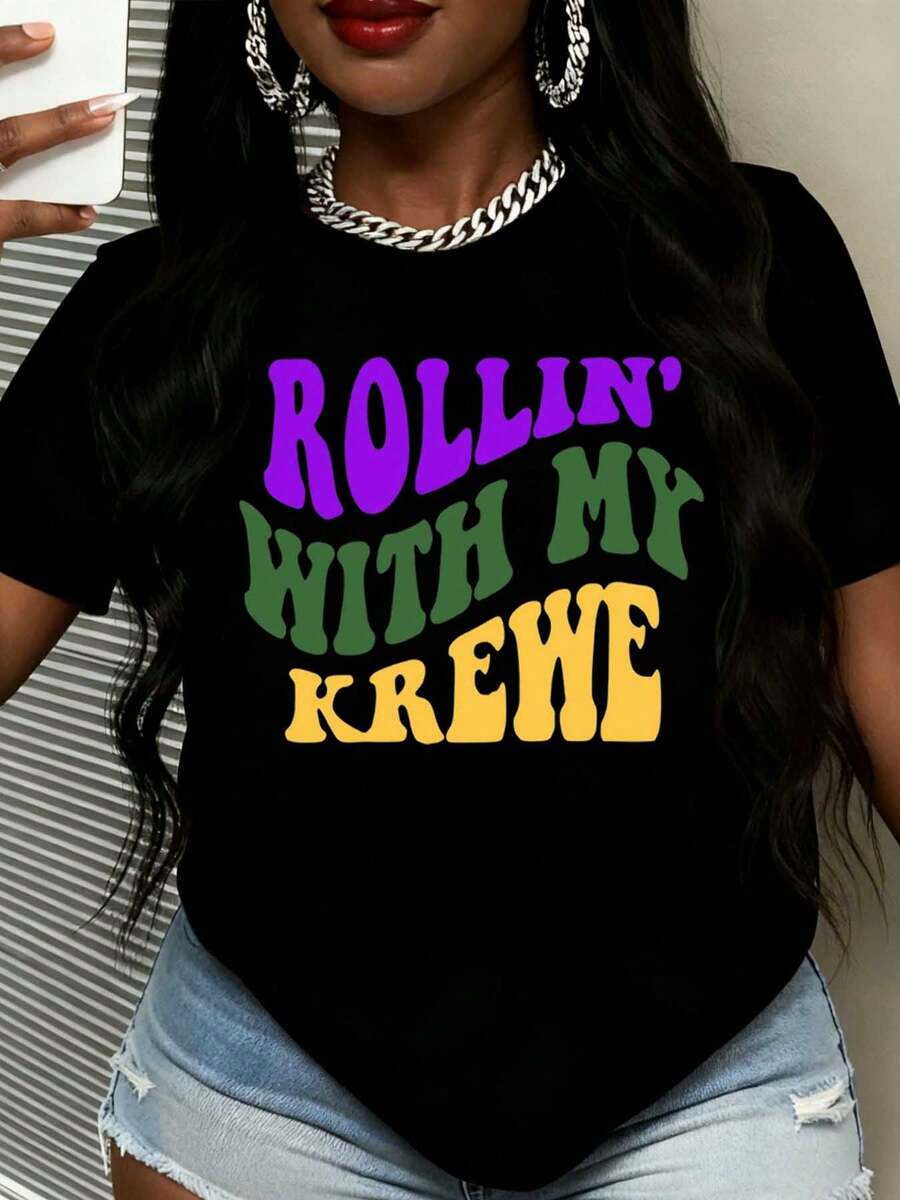 Women Mardi Gras Rollin With My Krewe Print Round Neck T Shirt Fashion Cotton Casual Round Neck Top For Party Celebration Events - màu đen - Xem 1