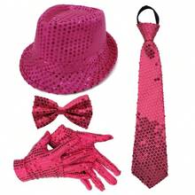 DEXCEED 4 Pcs 70s Disco Sequin Costume Kit With Hat, Tie, Gloves & Bow Tie For Party Night, Stage Looks, Cosplay, Halloween Dress-Up,Valentine's Day Costume - Multicolor - View 19