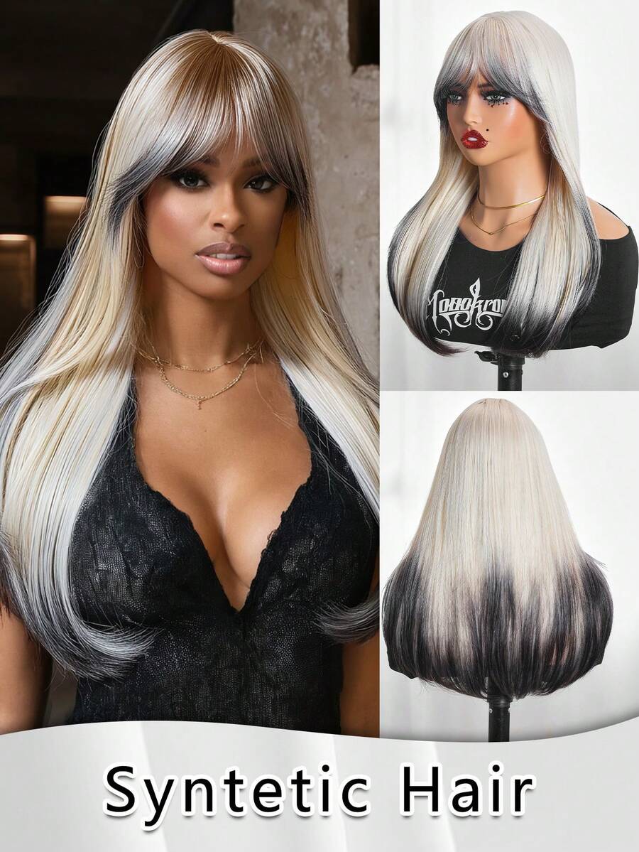 Medium Straight Layered With Bangs Synthetic Hair Shoulder Length Daily Use Wig (Golden Ombre Color) 20Inch Festival Gifts For Women Christmas Decorations Christmas Gifts For Women Wear To GO Good Quality Synthetic Soft Wigs - Blonde Ombre - View 1