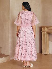 Simplee Vestido de noche con capa con cuello de lentejuelas, volantes y dobladillo para mujer talla grande, adecuado para invitada de boda, fiesta de cumpleaños, cita elegante - Rosa - Ver 5