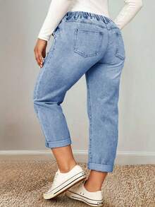 Fall Clothes Plus Size Mid-Rise Straight Leg Pants With Elastic Drawstring Waist & Distressed Rolled Hem Business Casual Woman Curve - Blue - View 2