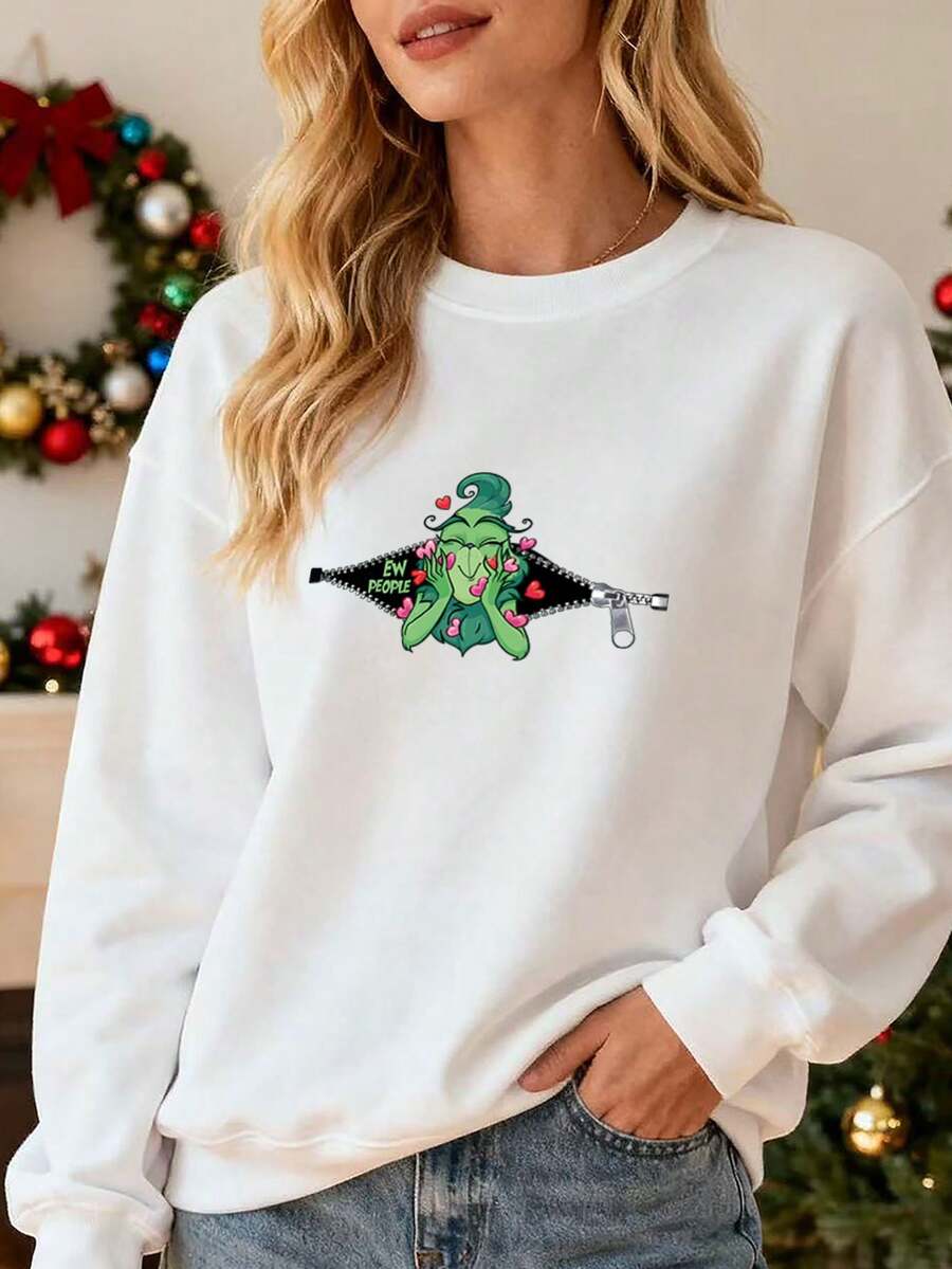Sudadera para Mujer con Estampado de Monstruo Verde y Cremallera, Diseño Kawaii, Ideal para Uso Cotidiano, Regalo para Amantes del Arte Pop, Confortable y Stylish, Suave Algodón, Para Mujeres Fashionistas - Blanco - Ver 1