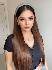 24-Inch Brown Synthetic Long Straight Hair Wig With Headband, Half-Length Hair Clip, Loose And Natural-Looking Hair Extension (Headband Detachable).