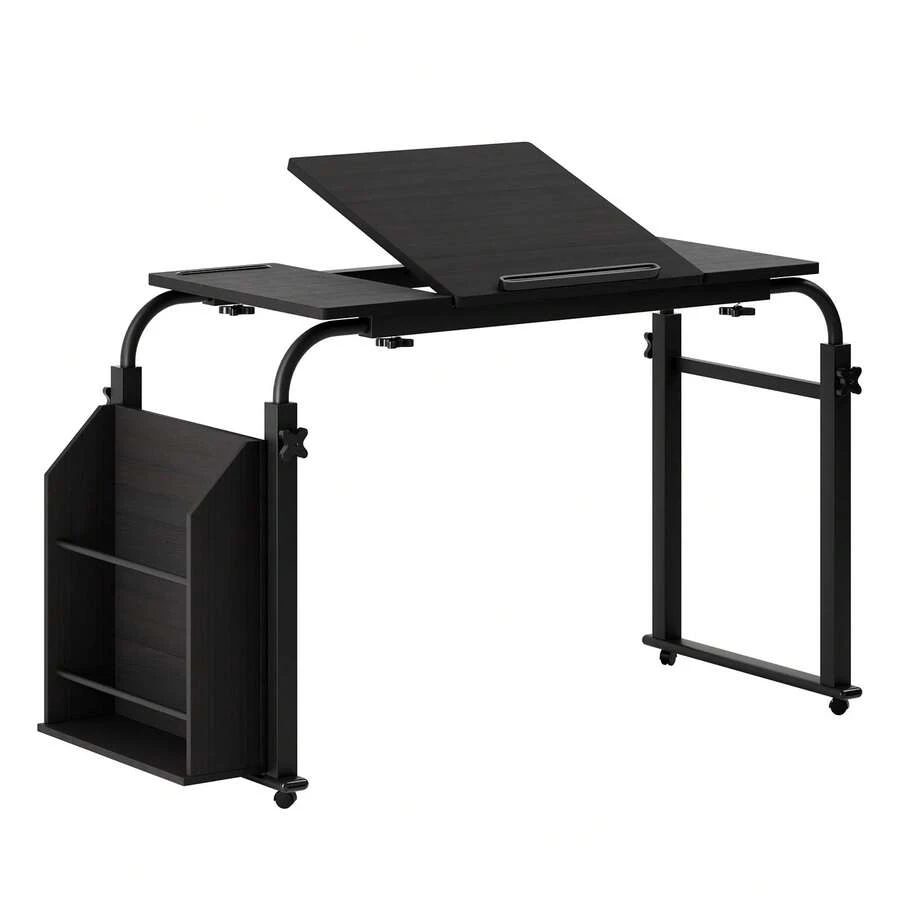 40cm Wide Desktop Over Bed Table Overbed Table With 360 Degree Wheels, Side Bookshelf, Over The Bed Table Adjustable Height And Length - Wooden Color - View 1