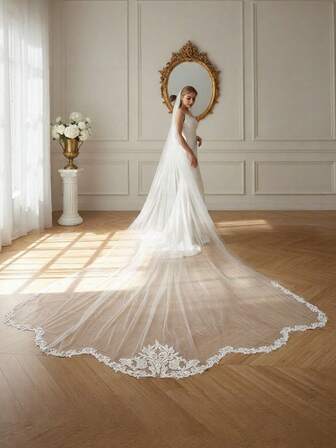 섬세한 레이스와 자수로 장식된 고급스러운 웨딩 베일, 길이 3미터, 폭 3미터, 웨딩드레스, 액세서리, 교회 결혼식과 잘 어울립니다.