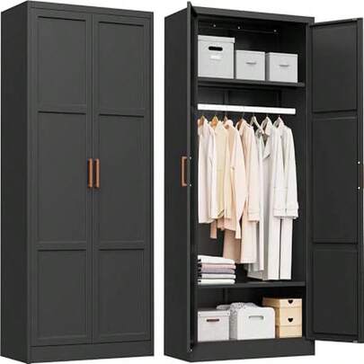Armario metálico con barra de colgar, estantes ajustables y 2 puertas para dormitorio, lavandería o vestíbulo, color negro, solución de almacenamiento