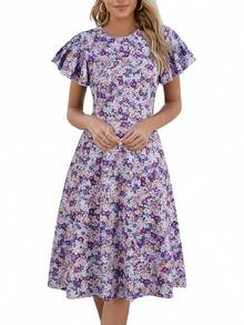 Women's Semi-Formal Ruffle Sleeve V-Back Work Fit And Flare Cocktail Knee Length Dress With Pockets, 2025 Style - Purple Floral - 查看 11