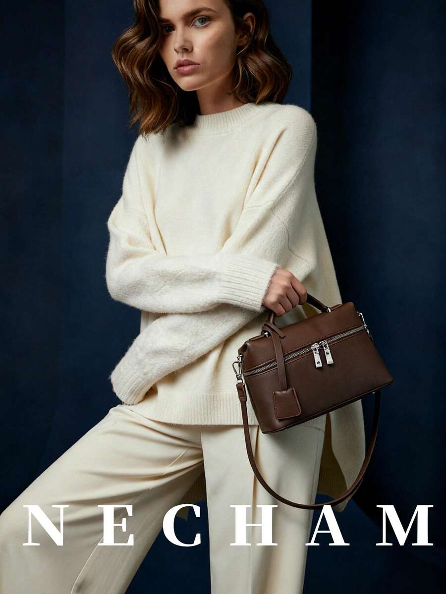 1个方形手提包，小钱包，纯色复古时尚女士单肩包 - 咖啡 - 查看 1