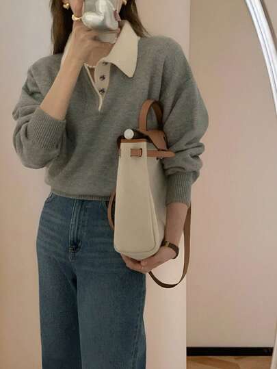 Alicedudu Women's Contrast Color Collar Design Sweater, Autumn/Winter