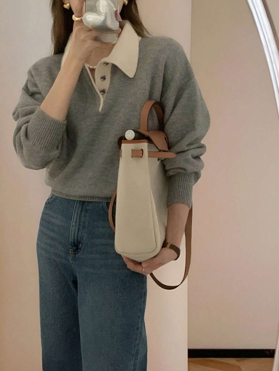 Alicedudu Áo len nữ cổ phối màu tương phản, kiểu dáng thường ngày mùa thu/đông. - Màu Xám nhạt - Xem 1