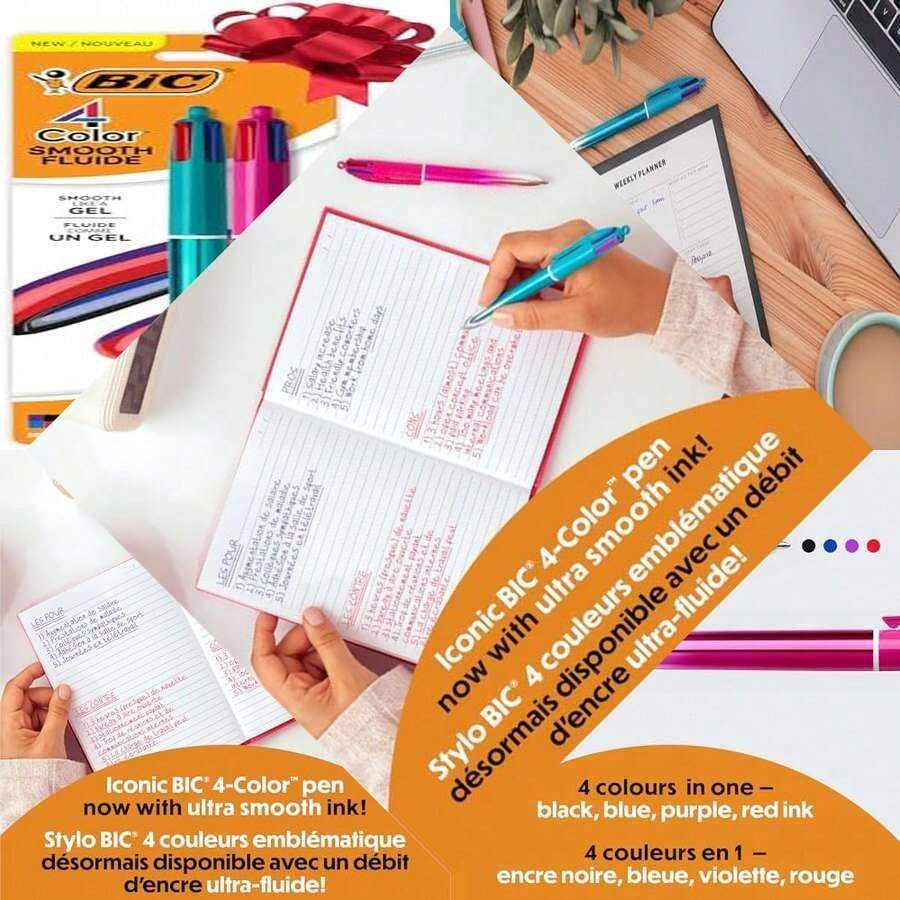 BIC 4 Color Smooth Gradient Retractable Ballpoint Pen, 1.0 Mm Medium Point, 2-Count In Assorted Ink - 紫色,黑色,藍色,紅色墨水 - 查看 1