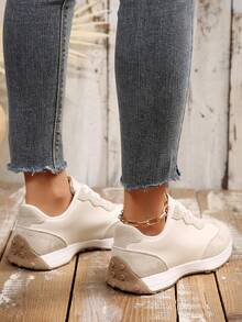 2025秋季新款加大码女式休闲透气运动鞋厚底白色鞋 - 米色 - 查看 7