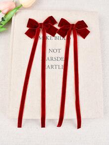 2pcs Women's Hair Accessories Velvet Long Ribbon Bow Barrette Cute Girl Versatile Side Clip Double Ponytail Hair Clips Elegant Bow Hair Decor For Daily Use, Claw Clips, Hair Slide, Hair Barrettes - Burgundy - View 6