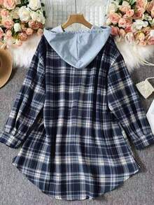 Camisa con capucha de manga larga con botones delanteros, cordón y parches a cuadros, talla grande, para primavera - Azul Marino - Ver 4