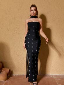 DEIVE TEGER Elegant, Luxurious, Rhinestone Embellished Sexy Bandage Elastic Mermaid Dress, Suitable For Weddings, Singles Parties, Vacations, Galas, Formal Events (Heavy Embellishment)