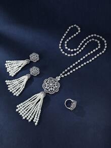 3pcs Platinum Plated Cubic Zirconia Tassel Pearl Sweater Chain Set: Necklace, Earrings, Ring, Luxury Sparkling Jewelry Set For Women, Party - Platinum Tassel Pearl Long Necklace 3-piece Set - View 2