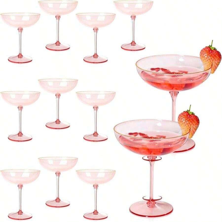 Detachable Martini Glasses 9oz Plastic Blue Champagne Coupe Glasses Gold Rim Hand Blown Vintage Cocktail Glassware Set Unique Martini Glass For Wine Wedding (12, Clear Blue) - MàuA - Xem 1