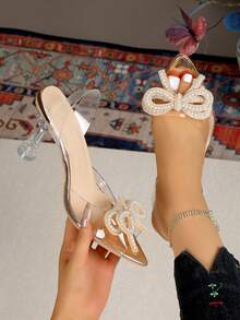 女士高跟凉鞋，休闲露趾水晶高跟鞋，饰有蝴蝶结和珍珠水钻 - 金色 - 查看 6