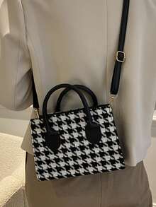 1 Piece Fashion Thousand Bird Check Handbag Square Bag Zipper Opening Shoulder Strap Adjustable Crossbody Bag Suitable For Women's Daily Casual Use - Black - View 12