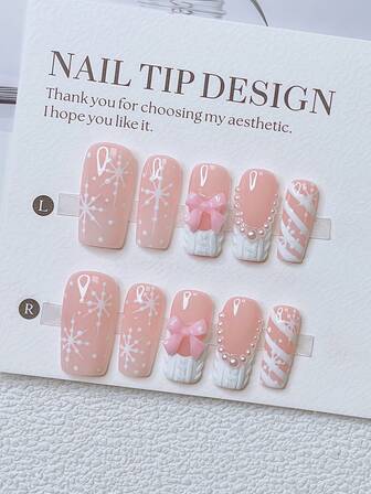 10pcs Y2K Nails Pipe-Shaped Press On Nails Set - Handcrafted, Pink Nails, White Nails, White French Tip Nails, Hand Drawn Snowflake Design, Sparkling Pink Bow And White Pearl Decoration, Delicate Cute Nails, Christmas Nails
