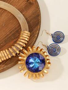 Handmade Exaggerated Multi-Layer Aluminum Wire Woven Bohemian European And American Middle Eastern European Korean Version Evening Party Holiday Women's Chain Necklace Earrings With Artificial Crystal - Blue - View 4