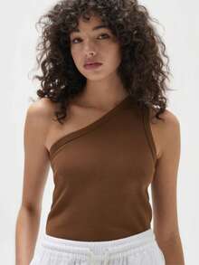 Blusa Regata Mula Manca Ombro só Ombro unico nula manca Canelada  PRETA BRANCA Basica Bicolor Feminina Moda Gringa RIBANA CANELADA OLD MONEY ALFAIATARIA BÁSICO ELEGANTE - Marrom Chocolate - Visão 3