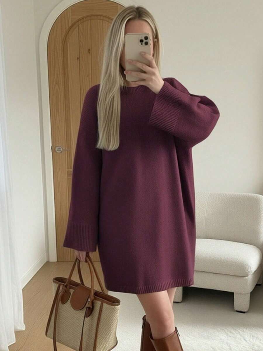 Women's Fall/Winter Korean-Style Elegant Loose-Fitting Sweater Dress, Gray Round-Neck Long Sleeves, Simplicity Leisure For Comfortable Wearing, Suitable For Daily Use And Going Out - Burgundy - View 1