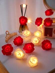 1串10/20/40颗LED灯珠，1.5米/3米/6米玫瑰花串灯，仙女灯，适用于情人节、婚礼、节日装饰、派对、家居、客厅、卧室、生日派对、礼物装饰、花园[不含电池] - 紅色+白色玫瑰花 - 查看 9