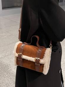 1pc Fashion Women's Flap Small Crossbody Bag, Chic Furry Edge Handbag, Shoulder Messenger Bag, Versatile For Commuting - Brown - View 3