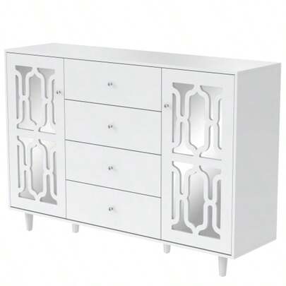 White Sideboard With Mirror And Elegant Crystal Handles, Ideal For Living Room And Dining Room, 147.5 X 40 X 102 Cm