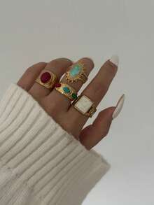 一套港式复古宝石开口戒指套装，适合女性，派对礼物 - 彩色 - 查看 6