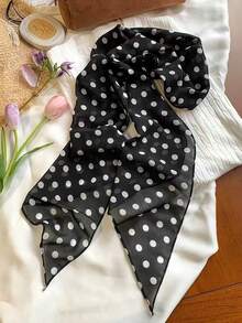 1pc Women's Elegant Minimalist Classic Polka Dot Print Chiffon Scarf, Casual Breathable Thin Headscarf/Shawl, Black Dot Silk Scarf For Neck Wrap, High-End Long Scarf - Coffee Brown - View 6