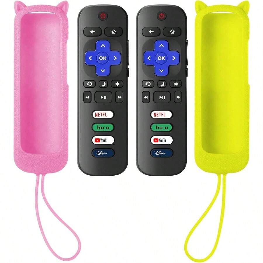 AWYY2 Pack Replacement Remote For Roku TV With Soft Protective Case Glow In The Dark Universal Remote For  Roku/Hisense Roku/Onn Roku/Sharp Roku/Element Roku/ Roku Smart TVs - 2個裝遙控器粉紅色外殼黃色外殼 - 查看 1